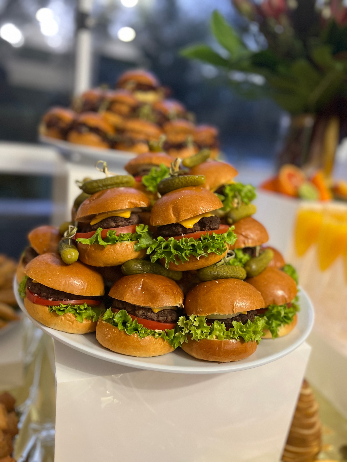 Stacked tower of cheeseburger sliders