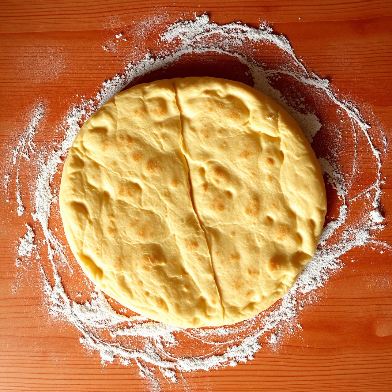 Fresh pizza dough being prepared by hand