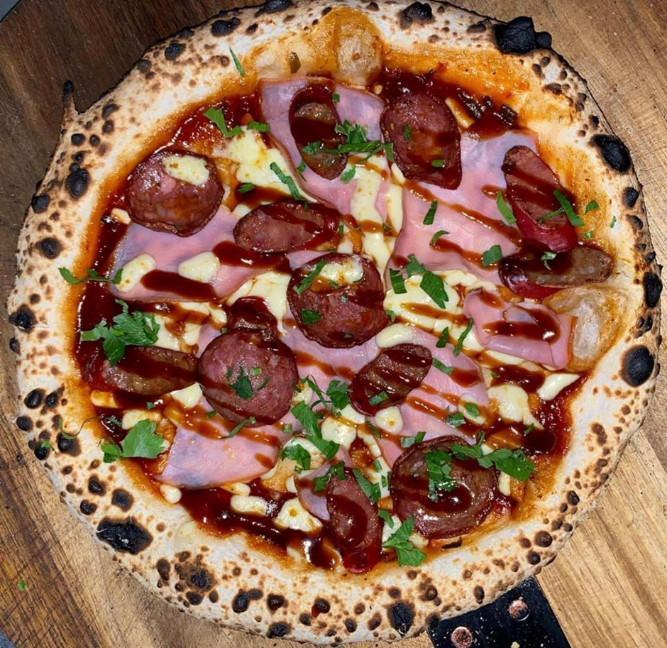 BBQ Meatlover pizza with chorizo, ham and BBQ drizzle